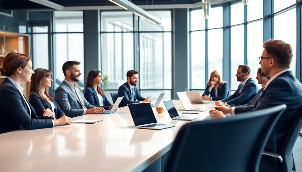 Business professionals engaging in strategies for Claymore Partners in a modern meeting room.
