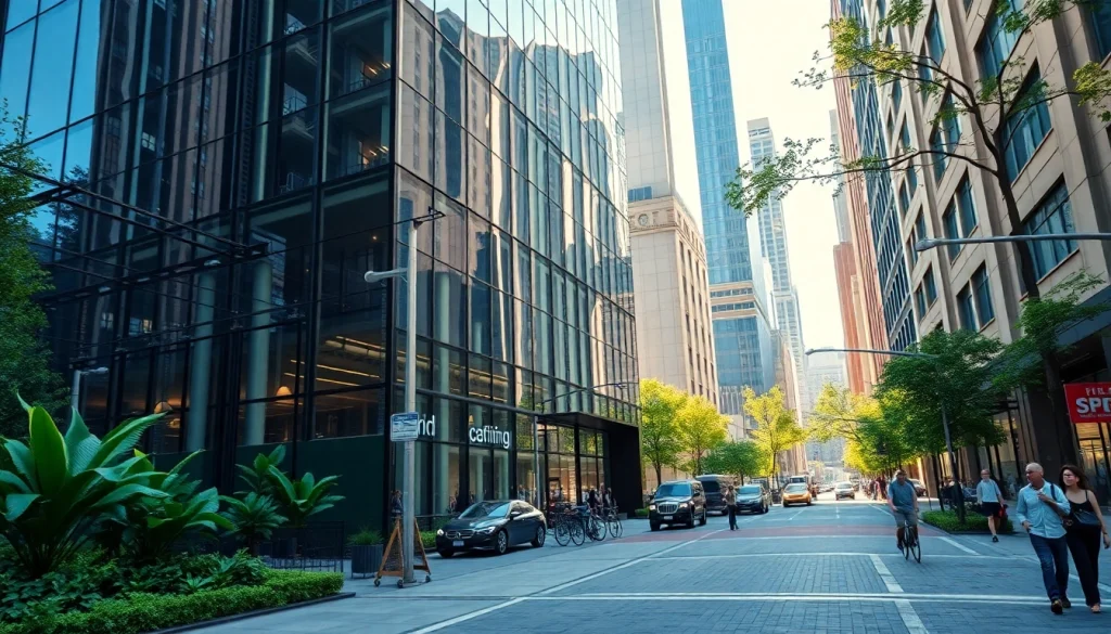 Visualisierung Architektur mit modernem Gebäude im urbanen Umfeld, lebendige Details und natürliche Beleuchtung.