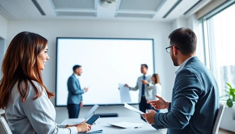 Show high-quality projection screens from a top Projection Screen Supplier in a modern office.