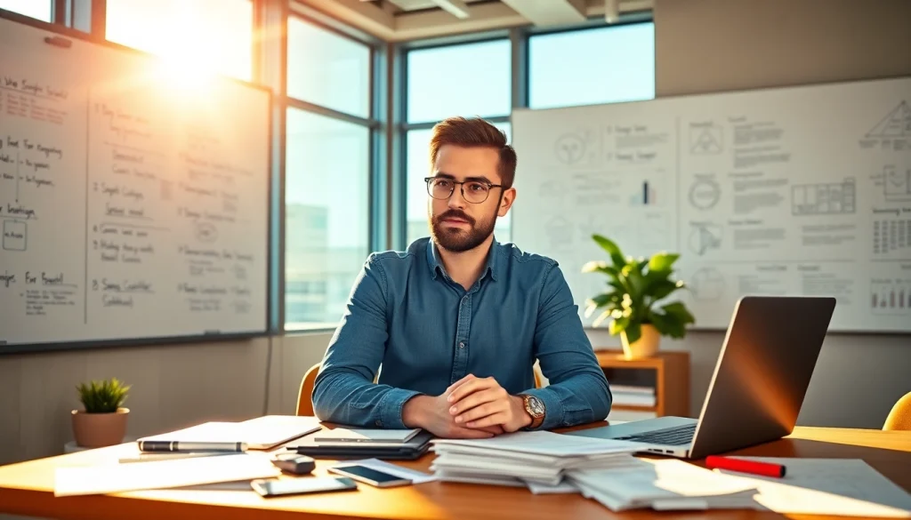 Entrepreneur ideating for a launchsuccessfulstartup in a vibrant, modern workspace.