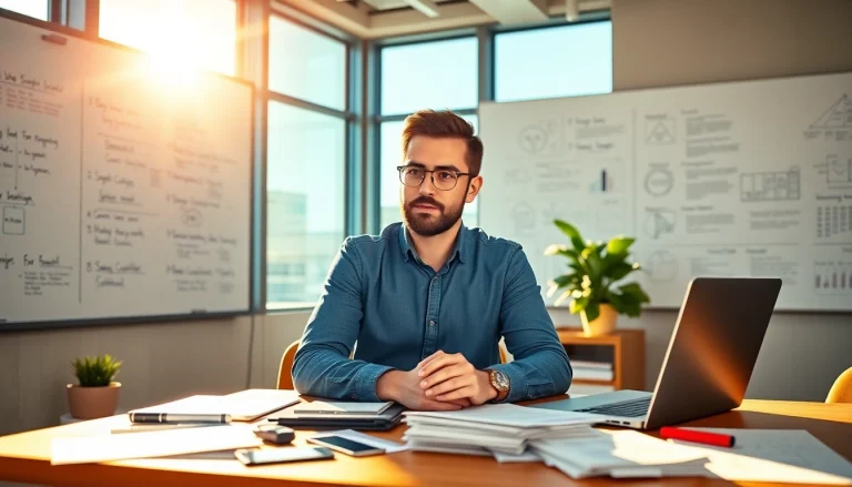 Entrepreneur ideating for a launchsuccessfulstartup in a vibrant, modern workspace.