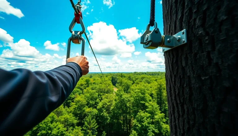 Experience the thrilling installation of a ZIP WIRE KIT above a lush forest, showcasing skilled craftsmanship and nature.