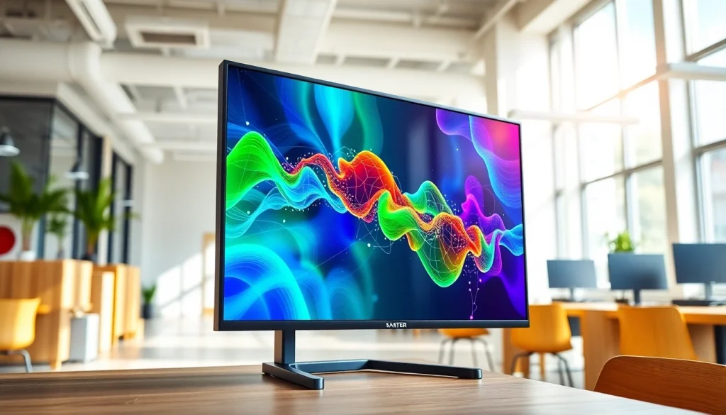 Showcasing free digital signage software on a vivid display in a modern office environment.
