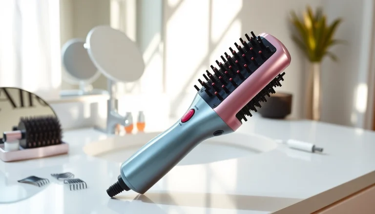 Showcasing the Hair Dryer Brush 7 in 1 on a vanity, highlighting its design and accessories.
