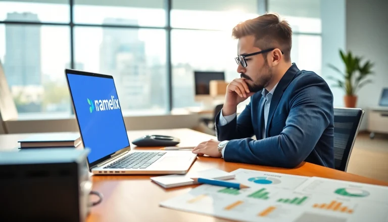Namelix branding consultant working diligently at a modern desk, showcasing creative names.