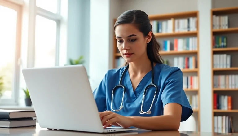 Explore nursing ceus with a dedicated nurse studying online in a bright office setting.
