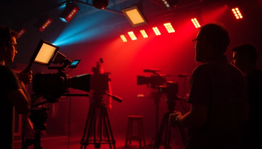 영상업체 crew adjusting lights on a vibrant film set for a cinematic experience.