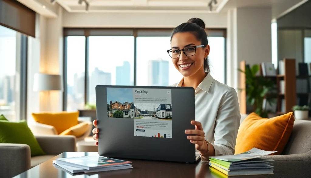 Engaging real estate blog post with a professional agent in a bright office, showcasing insights.