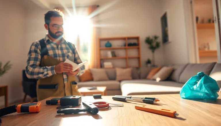 Pest control technician inspecting a living room for pest signs.