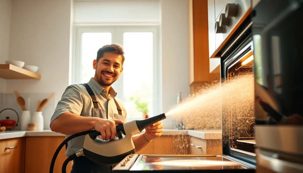 Happy technician performing oven cleaning dubai service, ensuring a spotless kitchen.