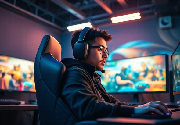 Jadilah pemenang dalam game online di ruang gaming modern dengan monitor dan alat yang menarik.