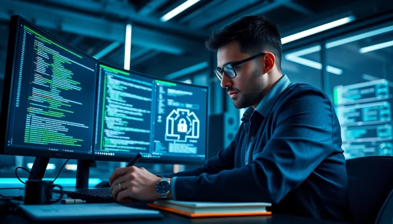 Impression eines Experten beim pentesting, der Cybersecurity-Analysen in modernem Büro durchführt.