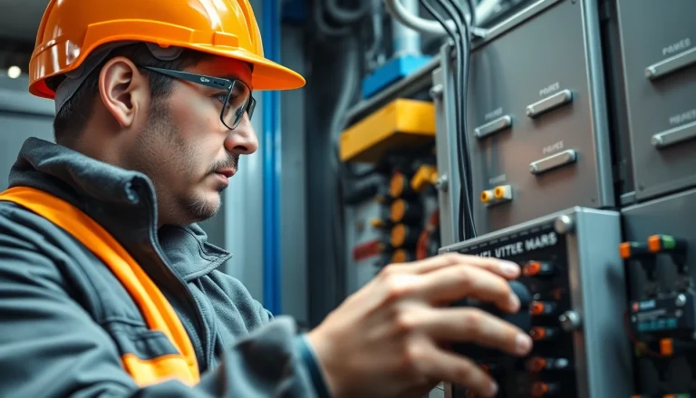 Electrician inspecting high voltage equipment with tools in a professional setting.