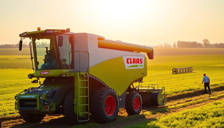 Claas Mähdrescher auf einem lebendigen Bauernhof, unterstrichen durch eine strahlende Felderlandschaft.