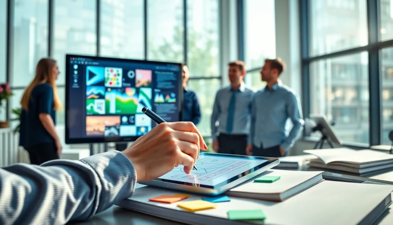 Showcasing a website design process in a modern office with a collaborative environment.