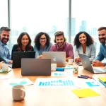 Engaging image of social media marketing edmonton team collaborating on strategies in a sunny office.
