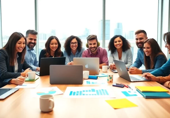 Engaging image of social media marketing edmonton team collaborating on strategies in a sunny office.