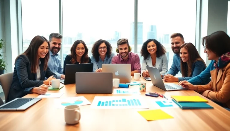 Engaging image of social media marketing edmonton team collaborating on strategies in a sunny office.