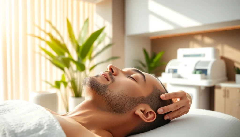 Relaxed client enjoying treatments at a men's medical spa for rejuvenation and self-care.