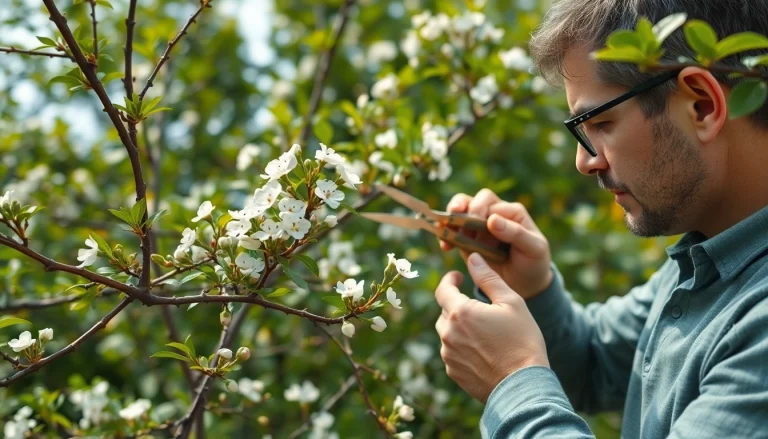 Snoeien van takken in een tuin door een professional met groene achtergrond.