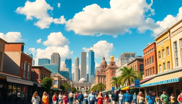 Showcasing city names through a vibrant city skyline with people engaging in activities.
