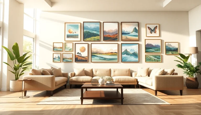 Explore wall art ideas in a beautifully decorated modern living room showcasing diverse art styles.