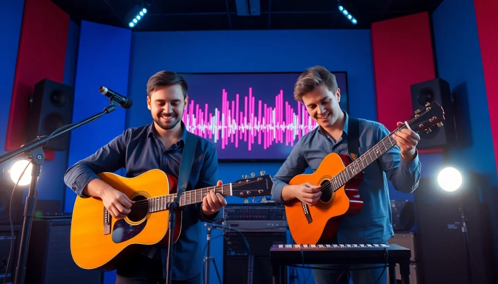Musicians engaged with a Mobile music app in a lively studio environment.