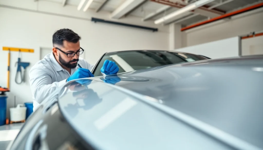 ppf installer meticulously applying paint protection film on a luxury car in a bright garage.
