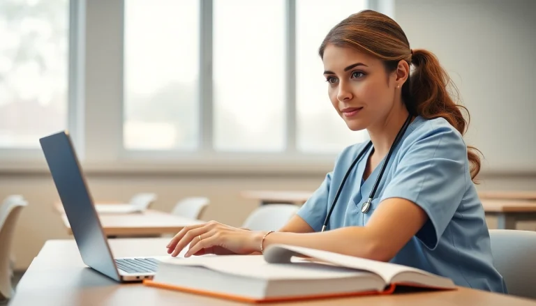 Engaged nurse studying nursing ceus in a bright classroom environment.