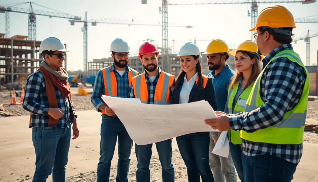 Builders discussing plans at a construction site representing the southern california contractors association.