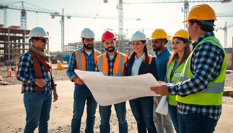 Builders discussing plans at a construction site representing the southern california contractors association.
