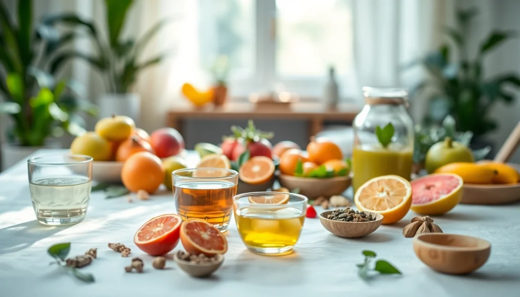 Heilfasten gesundheitsfördernde Zutaten auf einem stilvollen Tisch ansprechend arrangiert.