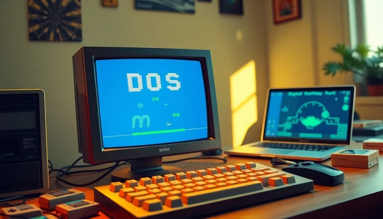 Download dos games download from a retro setup featuring classic game graphics and peripherals.