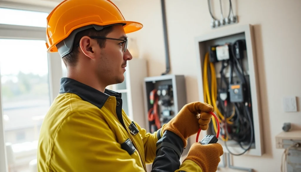 Electrician safely installing electrical equipment in a bright home environment.