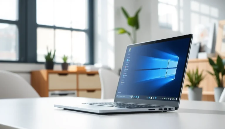 Kaufen Sie eine windows 11 pro lizenz in einem modernen Büro mit Laptop und Tageslicht.