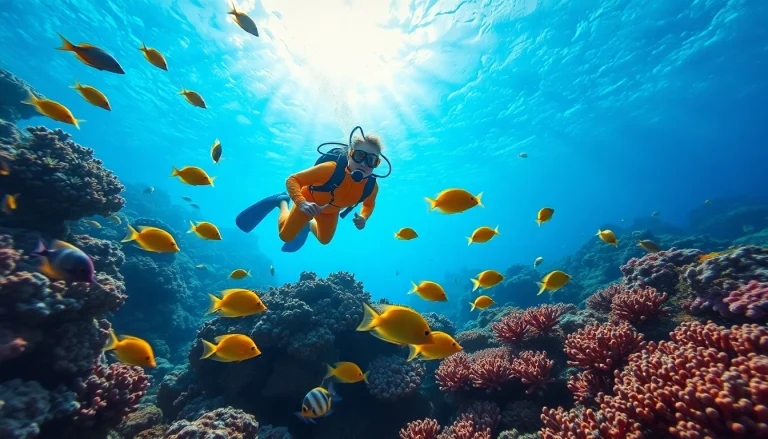 Diving in San Pedro Belize, a diver swimming amidst vibrant corals and tropical fish.