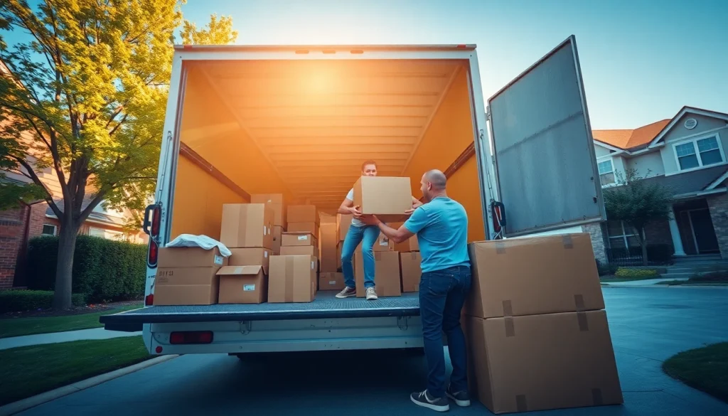 Long-Distance Movers efficiently loading boxes into a moving truck on a sunny day.