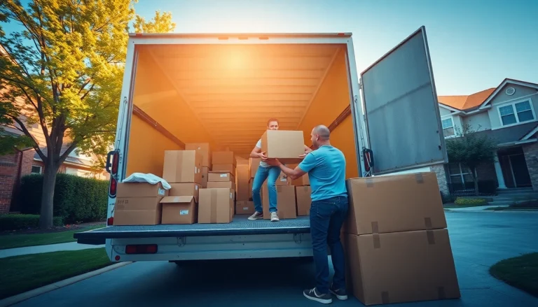 Long-Distance Movers efficiently loading boxes into a moving truck on a sunny day.