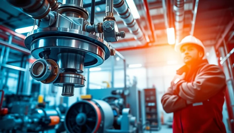 Fire protection technician inspecting advanced fire suppression systems in a vibrant industrial setting.
