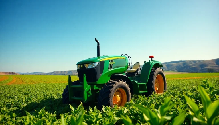 Johndeere Traktor in einem grünen Feld, das robuster Landwirtschaftsaspekt darstellt.