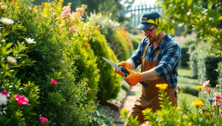 Tuinier snoeit struiken tijdens het snoeiseizoen met professionele gereedschappen.