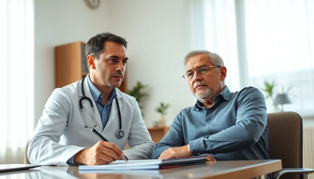 Doctor explains Testosterone Replacement Therapy to a patient in a warm, professional office.