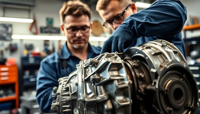 Explore high-quality used transmissions with warranty being inspected by a mechanic in a well-lit workshop.