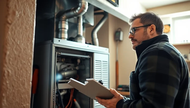 Focused technician performing furnace repair Brentwood TN in a cozy residential basement.