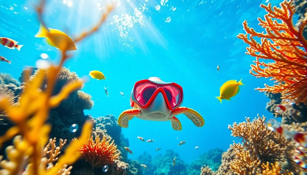 A vibrant turtle snorkel surrounded by colorful marine life and corals, showcasing underwater adventure.
