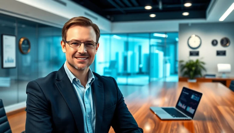 Thomas Schinecker confidently presenting his vision in a corporate office.