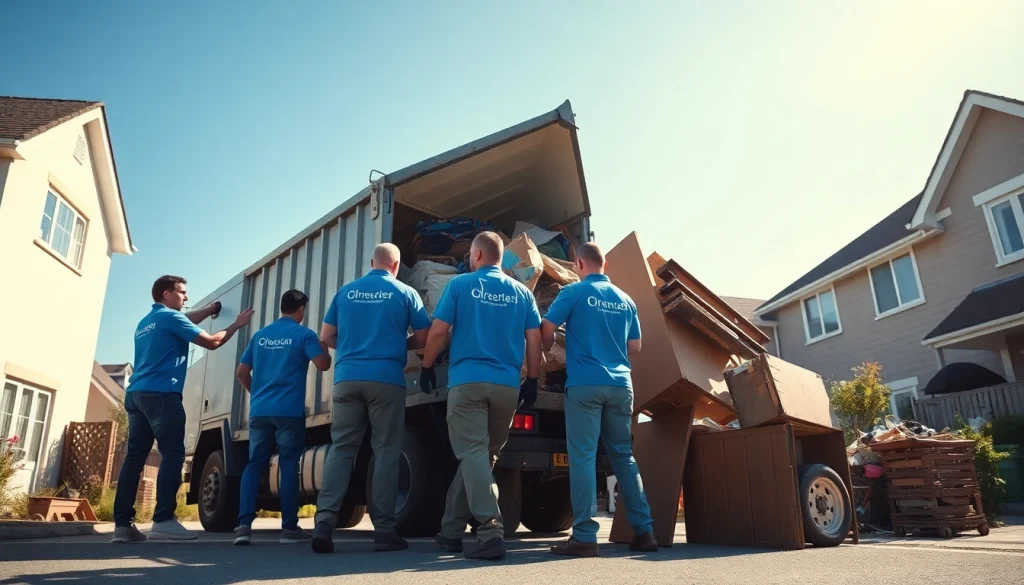 Rubbish Removal Near Me by a professional team loading debris into a truck in a sunny neighborhood.