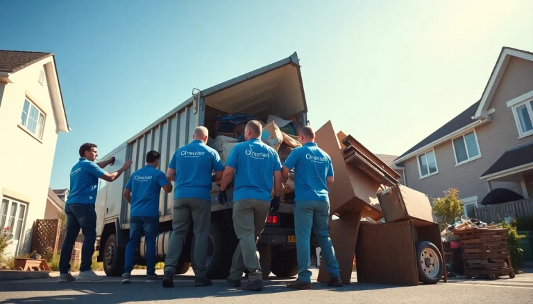Rubbish Removal Near Me by a professional team loading debris into a truck in a sunny neighborhood.