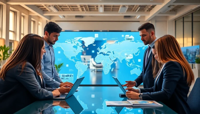 Connecting buyers and agents through International property alerts in a modern real estate office.