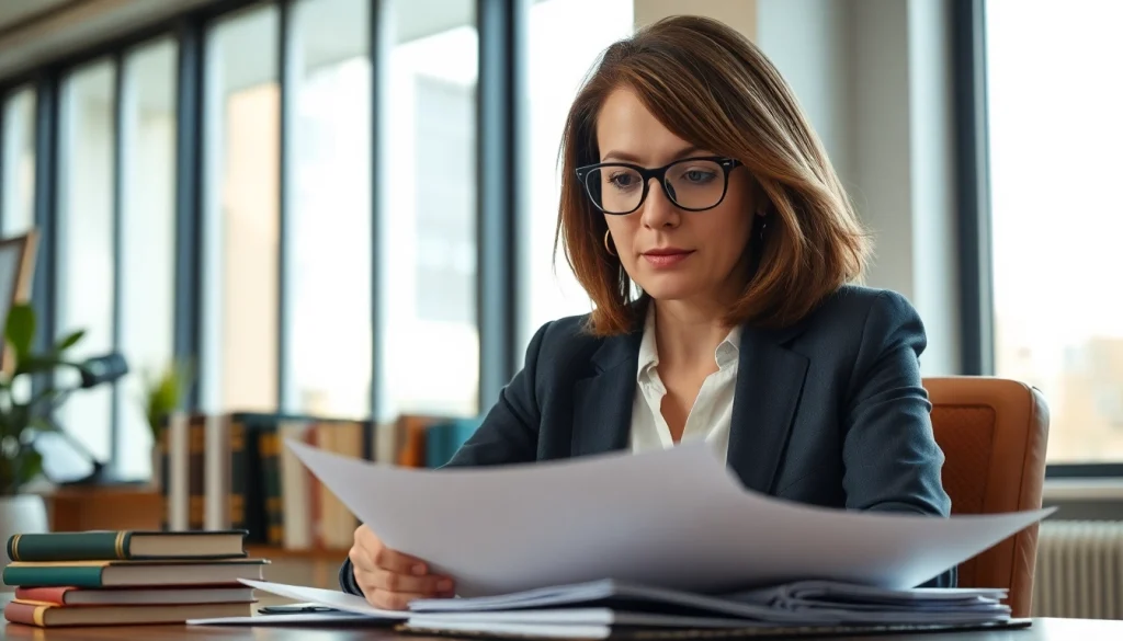 Environmental lawyer analyzing green policies in a well-lit, modern office.